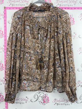 Zara blouse long sleeves tassels Beige Paisley Blouse with Blue & Brown Accents